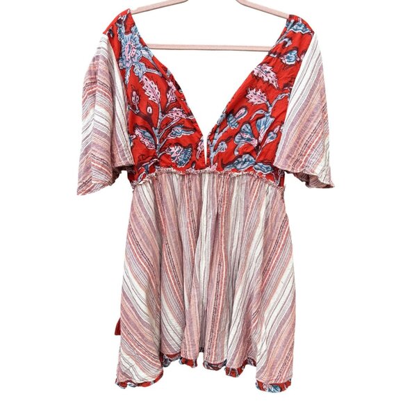 Free People Under The Sun Womens RedWhite Boho StripedFloral Tunic  Mini Dress M - Picture 1 of 8